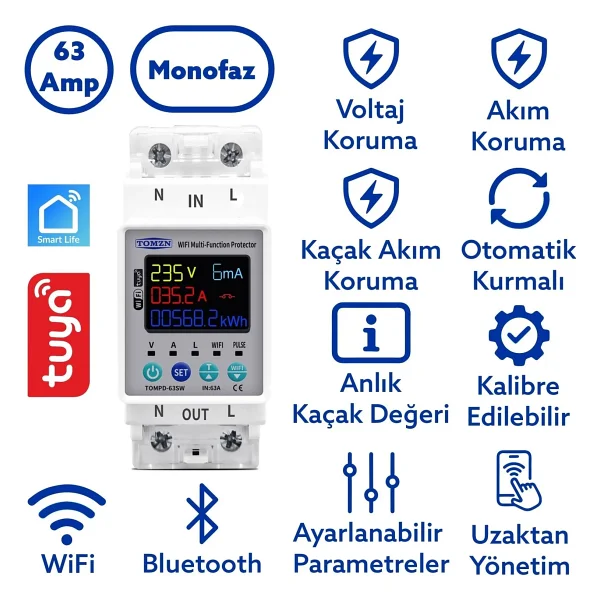 Tomzn Kaçak Akım Koruma Rölesi Yüksek Voltaj ve Akım Koruyucu Röle 63A Wifi TOMPD-63SW - Görsel 4