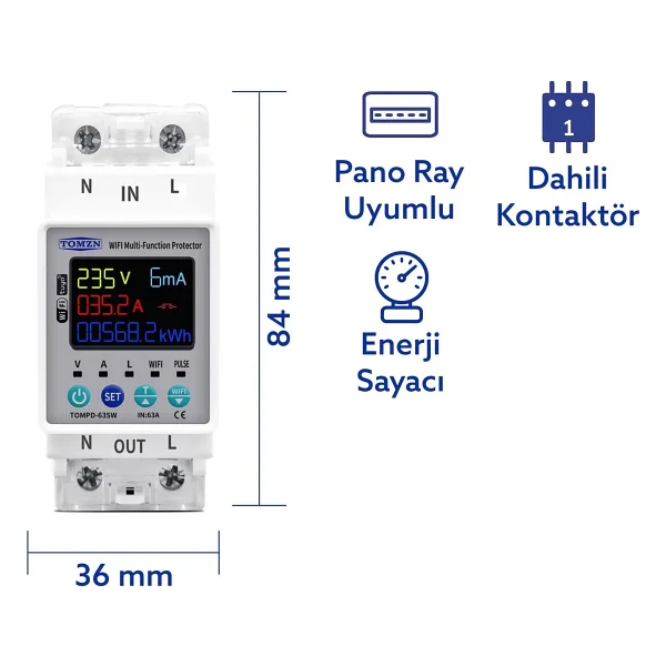Tomzn Kaçak Akım Koruma Rölesi Yüksek Voltaj ve Akım Koruyucu Röle 63A Wifi TOMPD-63SW - Görsel 2