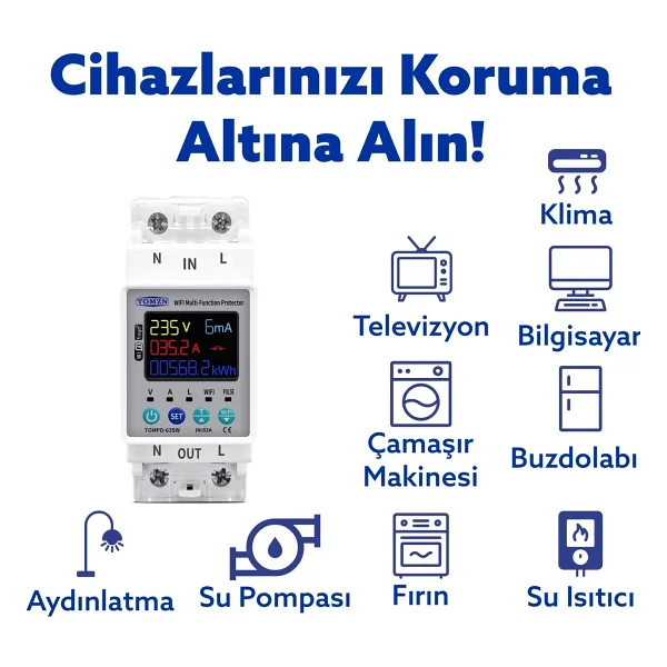 Tomzn Kaçak Akım Koruma Rölesi Yüksek Voltaj ve Akım Koruyucu Röle 63A Wifi TOMPD-63SW - Görsel 3