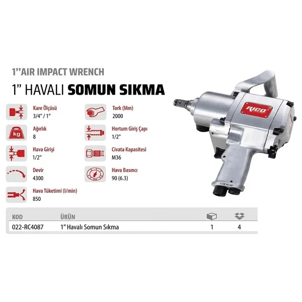 Rico 022-RC4087 1'' Havalı Somun Sıkma Makinesi - Görsel 2
