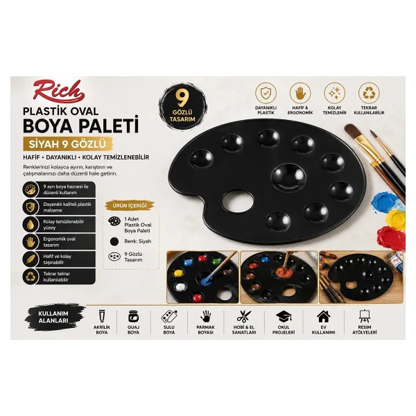 Rich Plastik Oval Boya Paleti Siyah 9 Godeli Siyah - Görsel 3