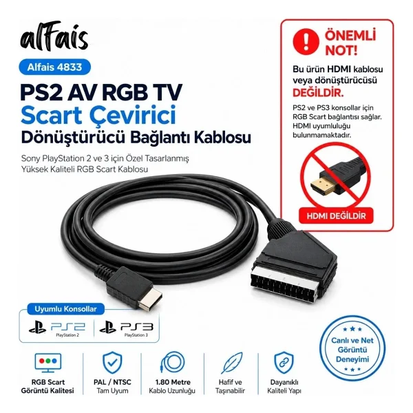 Alfais 4833 Ps2 Tv Av Scart Bağlantı Kablosu - Görsel 2
