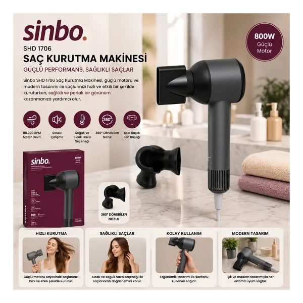 Sinbo Saç Kurutma Makinesi - Gri Renk - Sessiz Çalışma Özelliği - Görsel 2