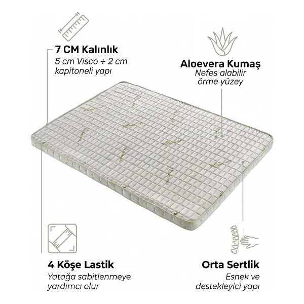 7 cm Aloevera 120X200 Visco %100 Lastikli Uyku Pedi Yatak Şiltesi Lüx Ortopedik Yatak Pedi - Beyaz - 120 x 200 cm - Görsel 6