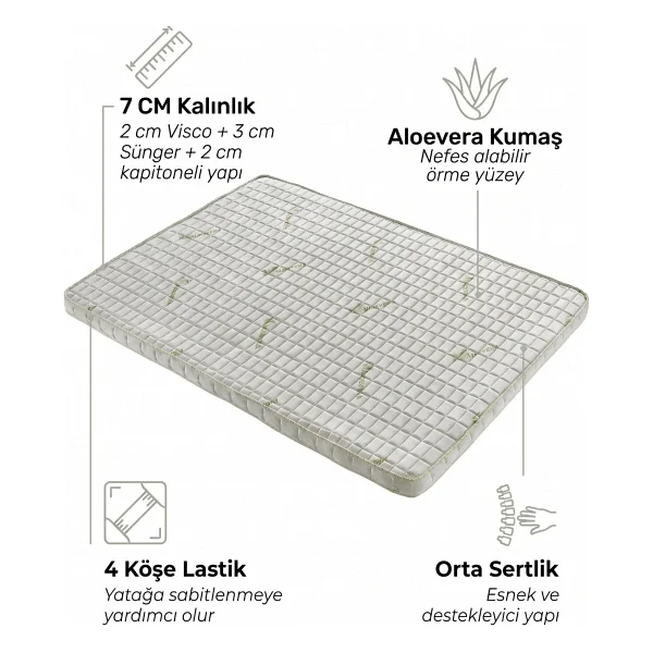 7 cm Aloevera 130X190 Visco Katmanlı Lastikli Uyku Pedi Yatak Şiltesi Lüx Ortopedik Yatak Pedi - Beyaz - 130 x 190 cm - Görsel 6