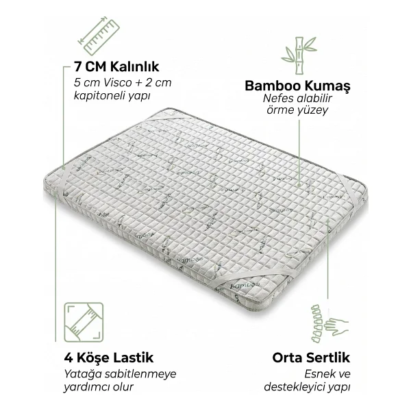 7 cm Bamboo 100 x 180 Visco %100 Lastikli Uyku Pedi Yatak Şiltesi Lüx Ortopedik Yatak Pedi - Beyaz - 100 x 180 cm - Görsel 6