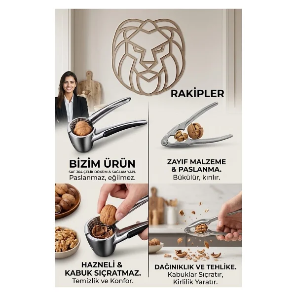 Transformacion 304 Çelik Döküm Profesyonel Hazneli Yaylı Ceviz Fındık Kıracağı Kabuk Sıçratmaz Kuruyemiş Kırıcı 721349 - Görsel 2