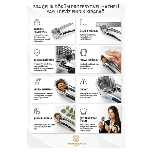 Transformacion 304 Çelik Döküm Profesyonel Hazneli Yaylı Ceviz Fındık Kıracağı Kabuk Sıçratmaz Kuruyemiş Kırıcı 721349 - Görsel 5