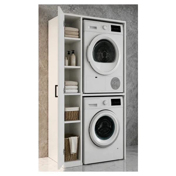 Rudu Sera Çamaşır ve Kurutma Makinesi Dolabı, Banyo Dolabı 92X65X184 cm 1 Kapaklı 5 Raflı-Beyaz - Görsel 2