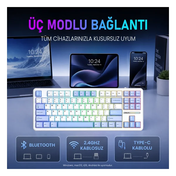 Aula F87 Pro Buz Mavisi RGB TKL Graywood V3 Switch Kablolu/Kablosuz Mekanik Oyuncu Klavyesi - Görsel 2