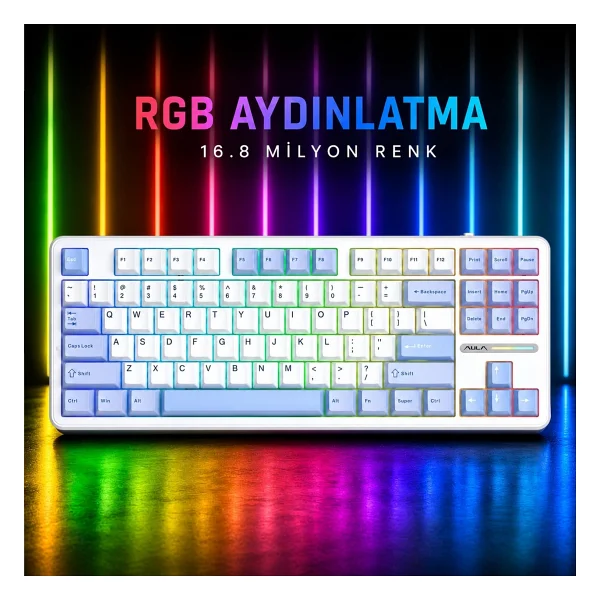 Aula F87 Pro Buz Mavisi RGB TKL Graywood V3 Switch Kablolu/Kablosuz Mekanik Oyuncu Klavyesi - Görsel 3