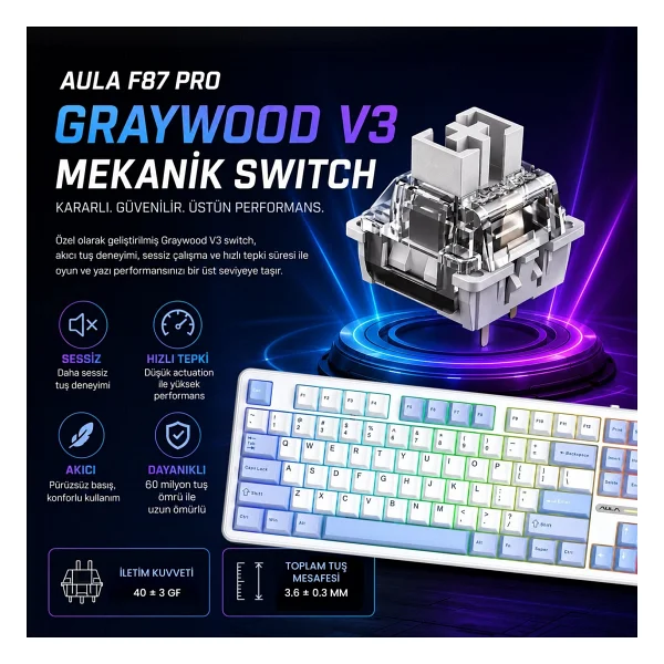 Aula F87 Pro Buz Mavisi RGB TKL Graywood V3 Switch Kablolu/Kablosuz Mekanik Oyuncu Klavyesi - Görsel 4
