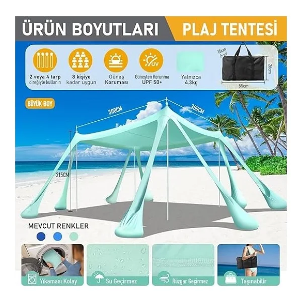 Plaj Gölgelik Tente Deniz Çadırı, Sahil Plaj Gölgeliği Kanopy, UPF50 Güneş Koruma, Açık Hava Deniz Şemsiyesi Tente Gölgelik Aile Kampı Balık Piknik Için Gölgelik, 300X300CM, Turkuaz - Görsel 3