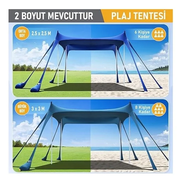 Plaj Gölgelik Tente Deniz Çadırı, Sahil Plaj Gölgeliği Kanopy, UPF50 Güneş Koruma, Açık Hava Deniz Şemsiyesi Tente Gölgelik Aile Kampı Balık Piknik Için Gölgelik, 300X300CM, Turkuaz - Görsel 4
