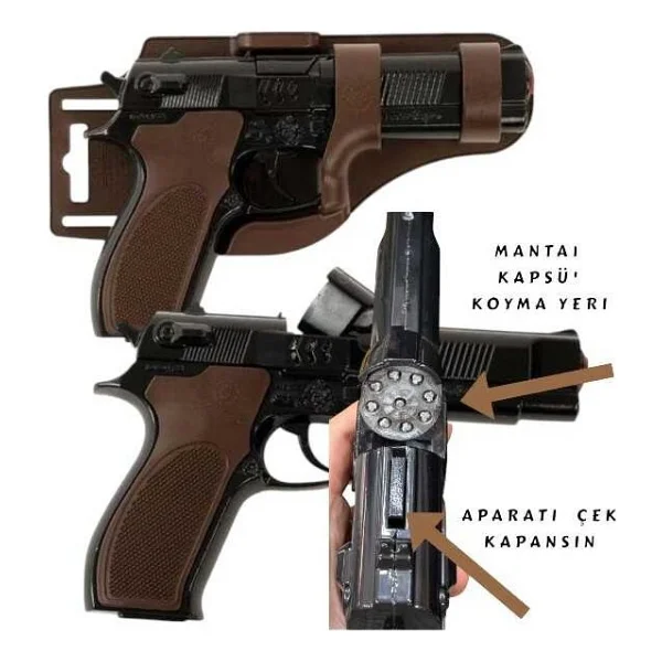 Oruç Oyuncak Mudopazar Metal Kapsül Mermili Kovboy Silah Çat Pat Metal Oyuncak Tabanca - Siyah - Görsel 8