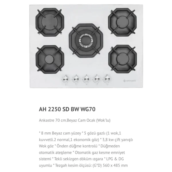 Eminçelik EC-AH 2250 BW WG70 SNG Wok Gözlü Beyaz Cam Ankastre Ocak - Görsel 2