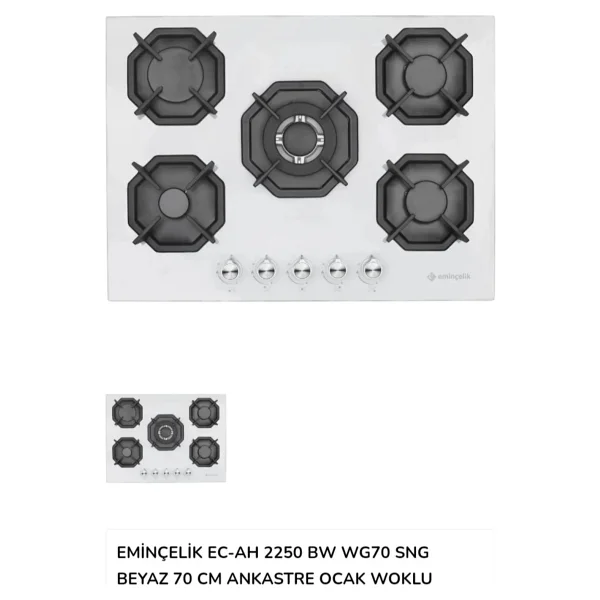 Eminçelik EC-AH 2250 BW WG70 SNG Wok Gözlü Beyaz Cam Ankastre Ocak - Görsel 3