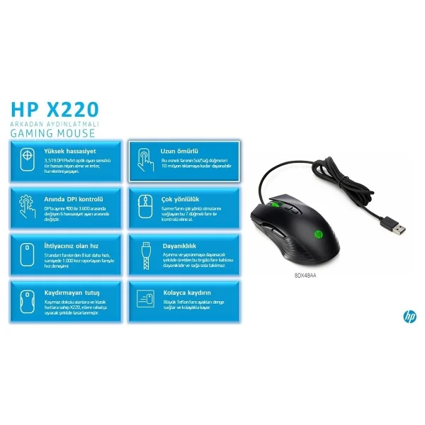 HP X220 8DX48AA Kablolu Optik Oyuncu Mouse - Görsel 2