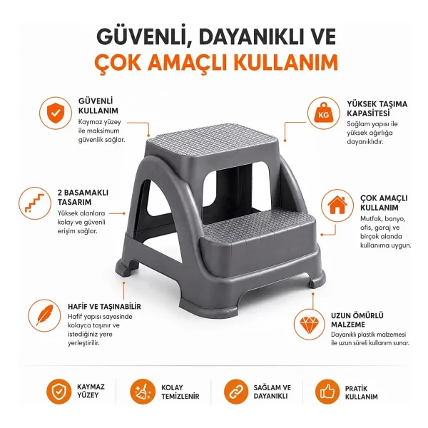 Orret Home 2 Basamaklı Merdiven Tabure Kaydırmaz Ayaklı Sağlam Plastik Basamak, Çocuk ve Yetişkin İçin Lavabo Mutfak Banyo WC Dolap Çok Amaçlı Basamak Taburesi Gri - Görsel 2
