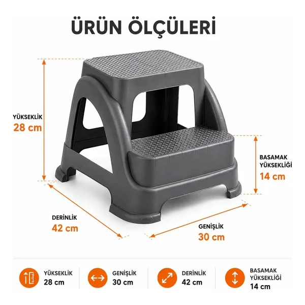 Orret Home 2 Basamaklı Merdiven Tabure Kaydırmaz Ayaklı Sağlam Plastik Basamak, Çocuk ve Yetişkin İçin Lavabo Mutfak Banyo WC Dolap Çok Amaçlı Basamak Taburesi Gri - Görsel 3