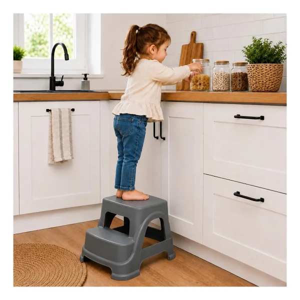 Orret Home 2 Basamaklı Merdiven Tabure Kaydırmaz Ayaklı Sağlam Plastik Basamak, Çocuk ve Yetişkin İçin Lavabo Mutfak Banyo WC Dolap Çok Amaçlı Basamak Taburesi Gri - Görsel 4