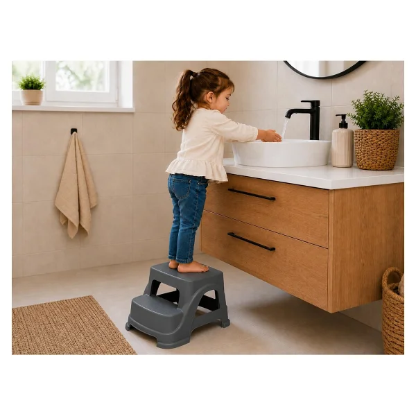 Orret Home 2 Basamaklı Merdiven Tabure Kaydırmaz Ayaklı Sağlam Plastik Basamak, Çocuk ve Yetişkin İçin Lavabo Mutfak Banyo WC Dolap Çok Amaçlı Basamak Taburesi Gri - Görsel 5