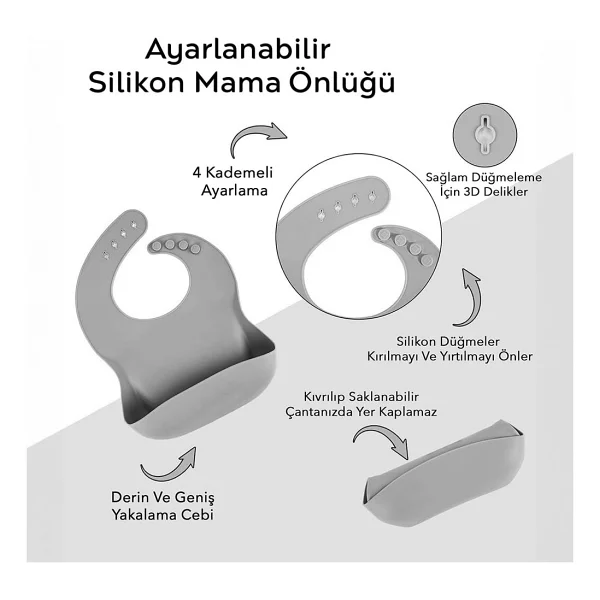 Meleni Baby 2'li Silikon Bebek Beslenme Seti - Vakum Tabanlı Mama Tabağı Ayarlanabilir Mama Önlüğü - Antrasit - Görsel 2
