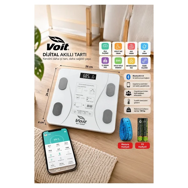 Voit BLT5000 Beyaz Bluetooth Özellikli Akıllı Vücut Analiz Baskülü - Görsel 2