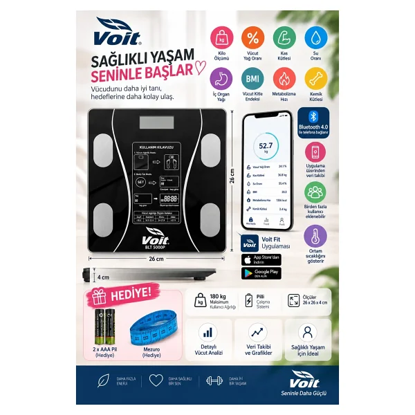 Voit BLT5000 Siyah Bluetooth Özellikli Akıllı Vücut Analiz Baskülü - Görsel 5
