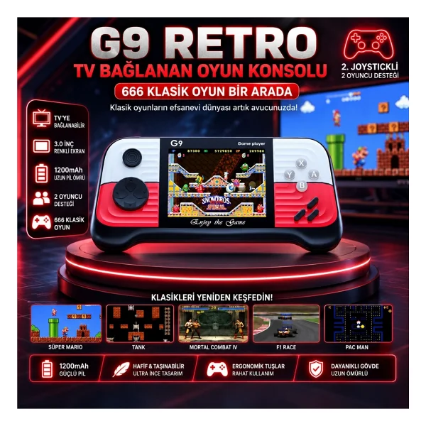 Schitec G9 Retro 3.0 Inç Tv Bağlanan 2.joystickli Oyun Konsolu Kırmızı (666 Klasik Oyunlar) - Görsel 5