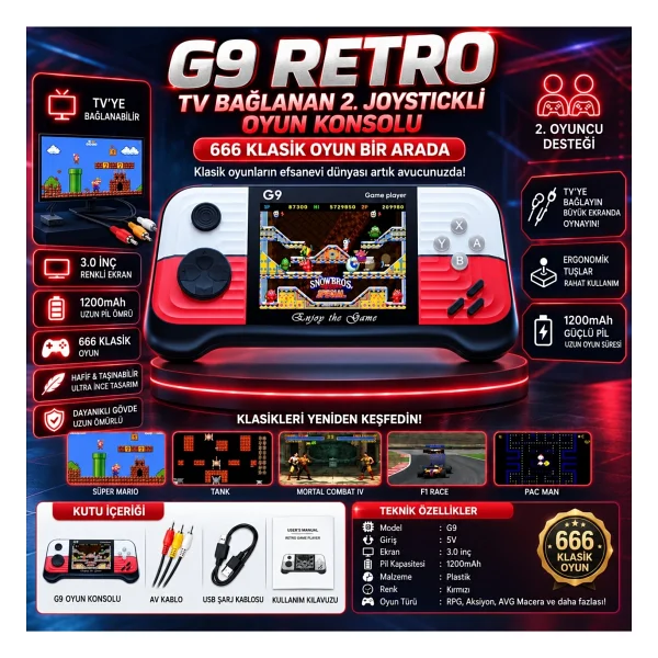 Schitec G9 Retro 3.0 Inç Tv Bağlanan 2.joystickli Oyun Konsolu Kırmızı (666 Klasik Oyunlar) - Görsel 2