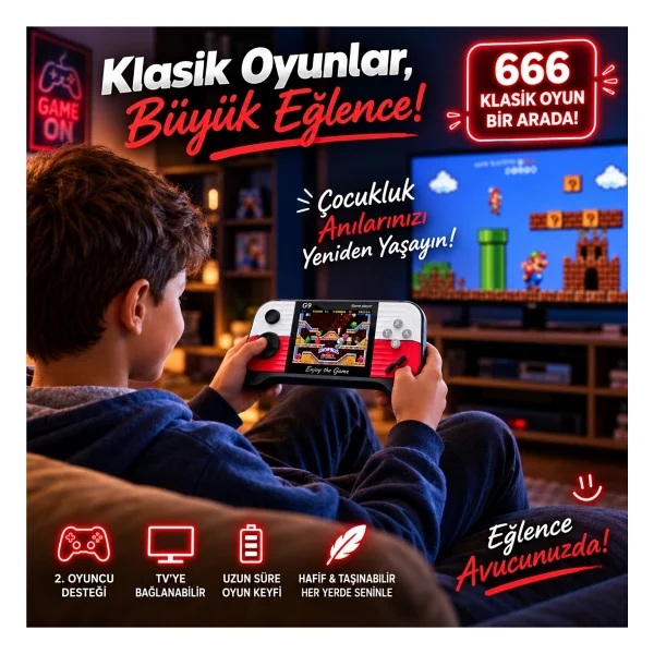 Schitec G9 Retro 3.0 Inç Tv Bağlanan 2.joystickli Oyun Konsolu Kırmızı (666 Klasik Oyunlar) - Görsel 3