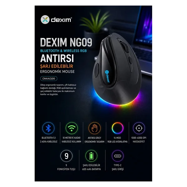 Dexim DMA026 RGB Dikey Şarjlı Ergonomik Optik Kablosuz Mouse - Görsel 6
