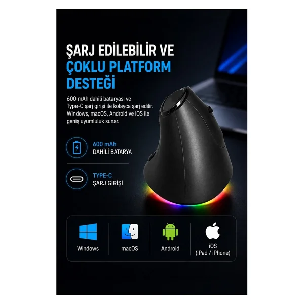 Dexim DMA026 RGB Dikey Şarjlı Ergonomik Optik Kablosuz Mouse - Görsel 2