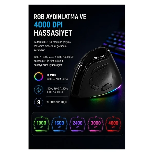 Dexim DMA026 RGB Dikey Şarjlı Ergonomik Optik Kablosuz Mouse - Görsel 3