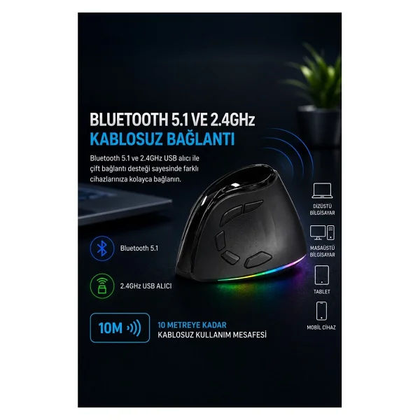 Dexim DMA026 RGB Dikey Şarjlı Ergonomik Optik Kablosuz Mouse - Görsel 4