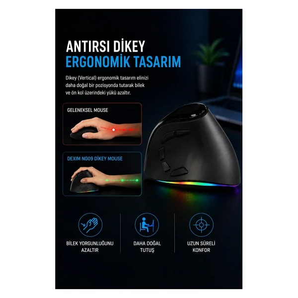 Dexim DMA026 RGB Dikey Şarjlı Ergonomik Optik Kablosuz Mouse - Görsel 5