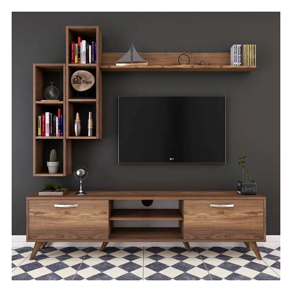 Rani A9 Duvar Raflı Tv Ünitesi Kitaplıklı Tv Sehpası Duvara Monte Raflı Modern Ayaklı 180 cm Minyatür Ceviz M16 - Görsel 6