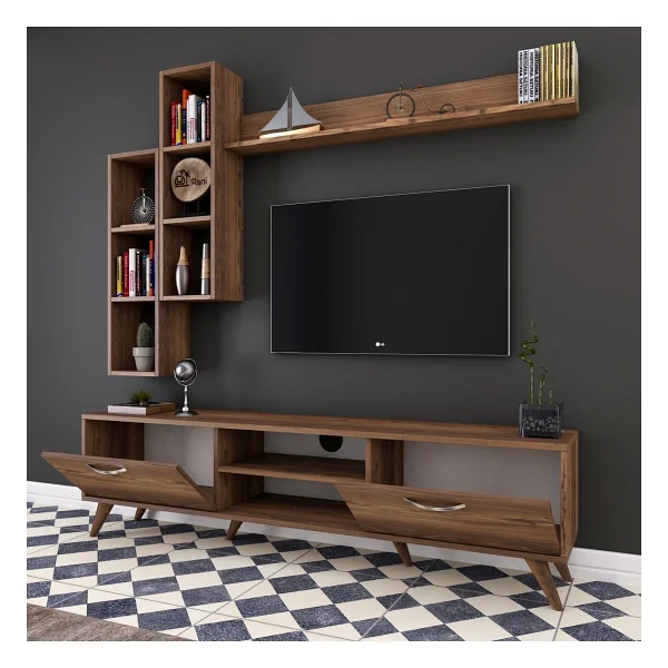 Rani A9 Duvar Raflı Tv Ünitesi Kitaplıklı Tv Sehpası Duvara Monte Raflı Modern Ayaklı 180 cm Minyatür Ceviz M16 - Görsel 4