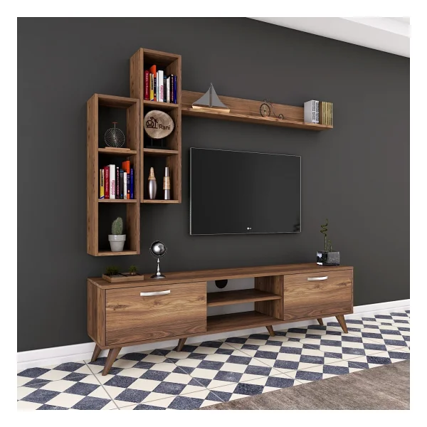 Rani A9 Duvar Raflı Tv Ünitesi Kitaplıklı Tv Sehpası Duvara Monte Raflı Modern Ayaklı 180 cm Minyatür Ceviz M16 - Görsel 5