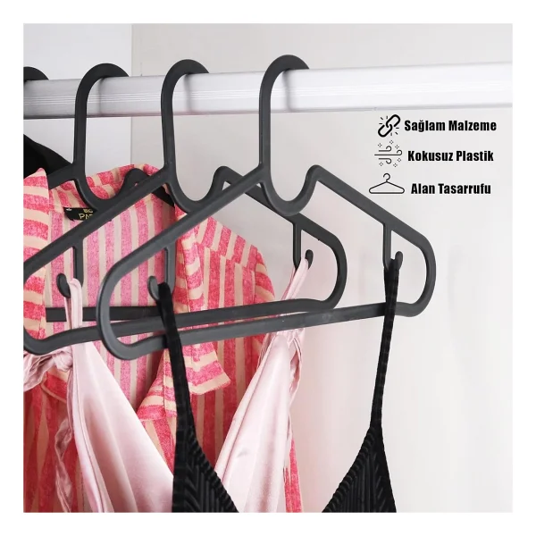 Huub Hanger Plastik Slim Askı, Elbise Askısı, Siyah Askı (Standart, Adet, 10) - Görsel 3