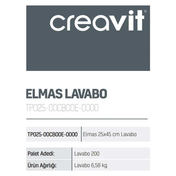 Creavit TP025 Elmas 25x45 cm Beyaz Dolap Üstü Lavabo - Görsel 6