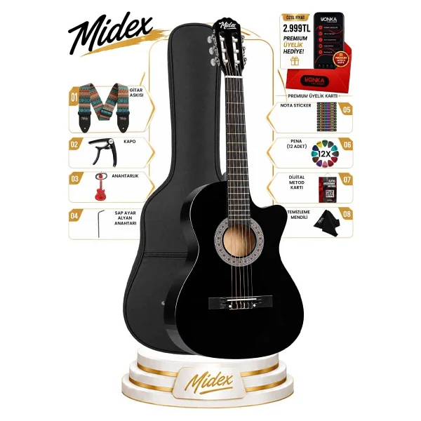 Midex CG-395BK 4/4 Kesik Kasa Siyah Klasik Gitar Seti - Görsel 2