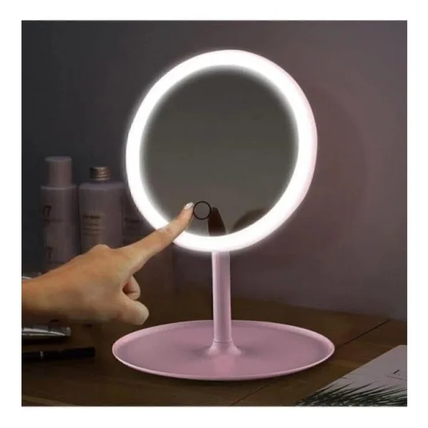 Dokunmatik Led Işıklı Usb Şarjlı Yuvarlak Makyaj Aynası Pembe SM8036 - Görsel 2