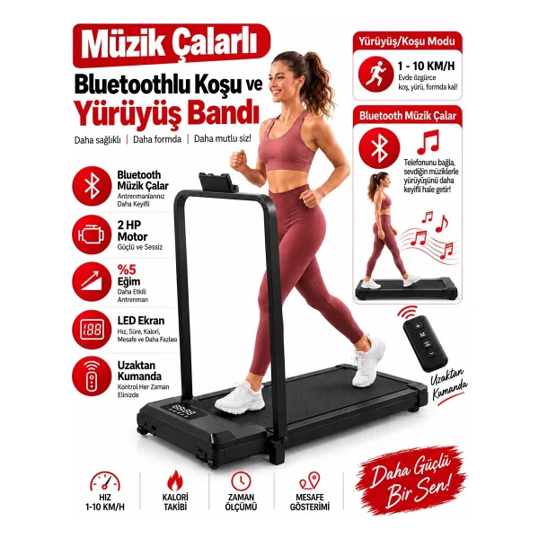 Ensiga Yeni Nesil Bluetoothlu 8/10 Km Hız 2 Hp Motor Kumandalı %5 Eğimli Koşu Bandı Müzik Çalarlı - Görsel 6