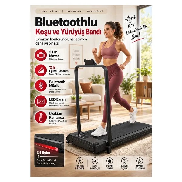 Ensiga Yeni Nesil Bluetoothlu 8/10 Km Hız 2 Hp Motor Kumandalı %5 Eğimli Koşu Bandı Müzik Çalarlı - Görsel 10