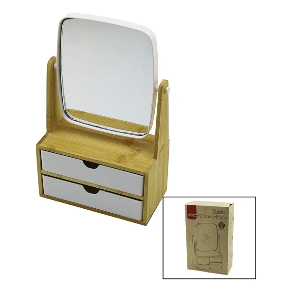2 Çekmeceli Bambu Ahşap STANDLI=9X9.9X17.8X21.5CM Makyaj AYNASI=15X18CM Takılık 1+1 Organizer - Görsel 2
