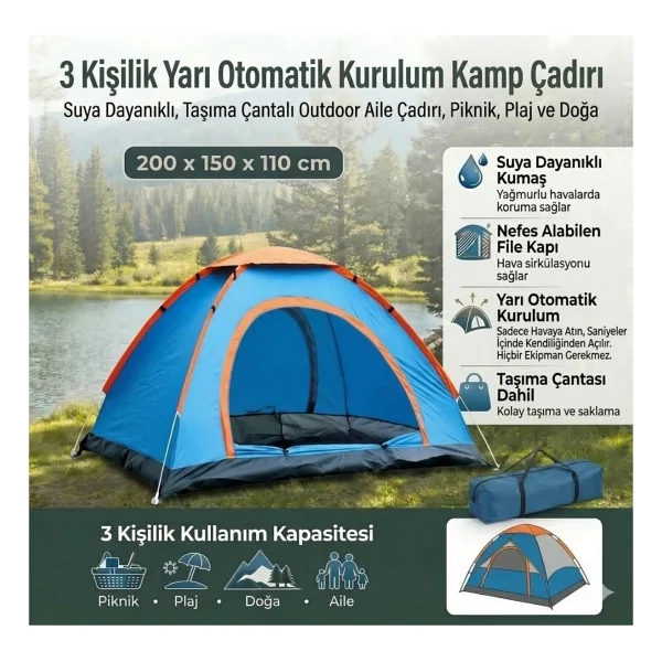 3 Kişilik Yarı Otomatik Kurulum Kamp Çadırı - Suya Dayanıklı, Taşıma Çantalı Outdoor Aile Çadırı, Piknik, Plaj ve Doğa 200X150X110 cm - Görsel 3