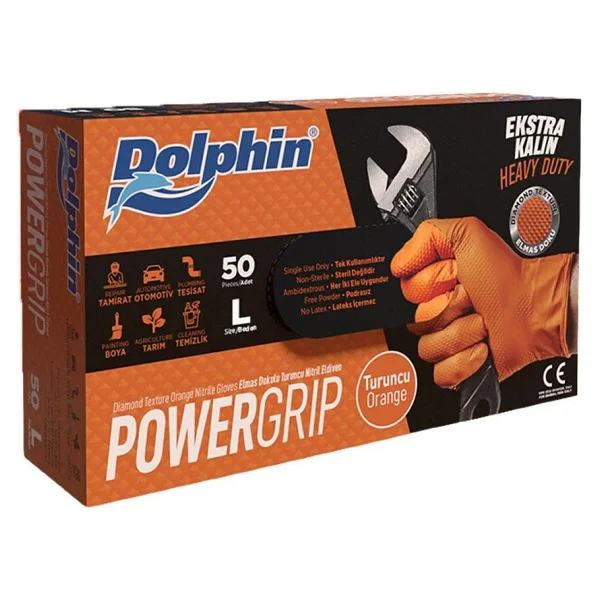 Dolphin Powergrip Ekstra Kalın Turuncu Nitril Eldiven (L) 50'Li - Görsel 7