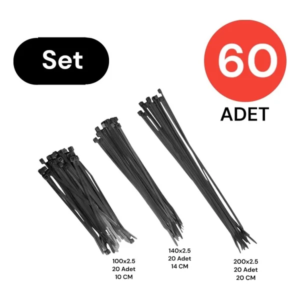 tek-iş Plastik Kablo Bağı Cırt Kelepçe Set 100 mm - 150 mm - 250 mm X 2.5 mm Siyah (20 şer adet X 3) 60 Adet - Görsel 2